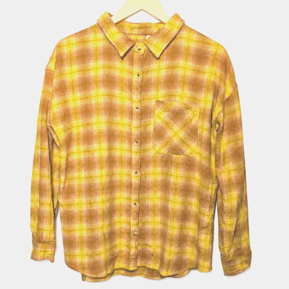 BKE Boyfriend Yellow Pink Plaid Flannel Shirt M 100% Cotton Oversized Grunge Y2K